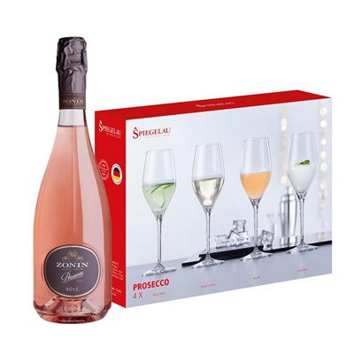 Zonin Rose Prosecco D.O.C 75cl With A Set Of 4 Spiegelau Prosecco Glasses